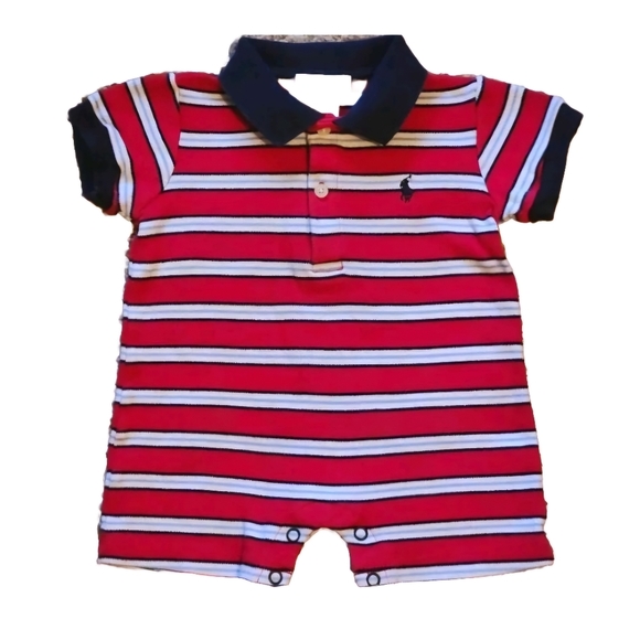 Ralph Lauren Polo striped shortall Size 3 mo Colors red,navy, white& light blue - Picture 1 of 9